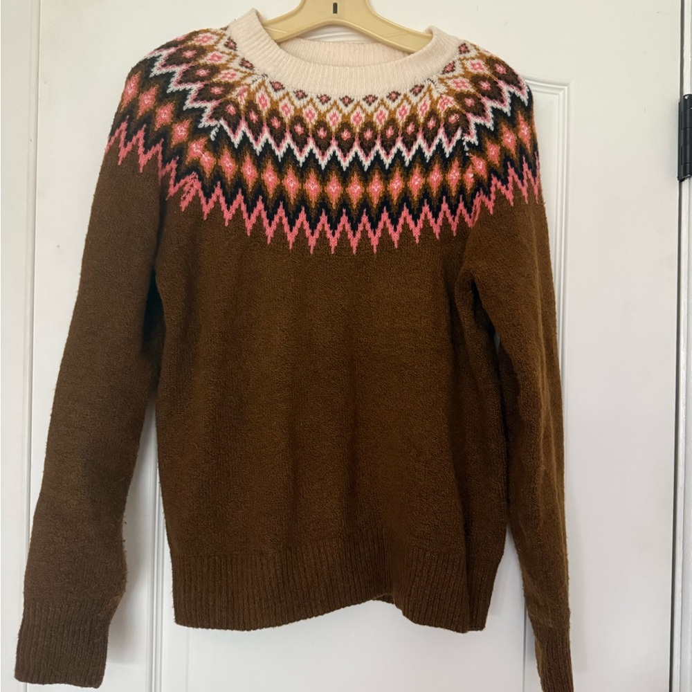 Fair Isle Apres Ski Brown Pink Cream Soft Knit Sweater